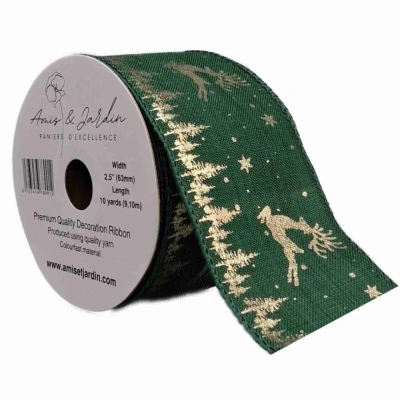 Stuha jutová s drátkem zelená vánoční jelen 9.1 m