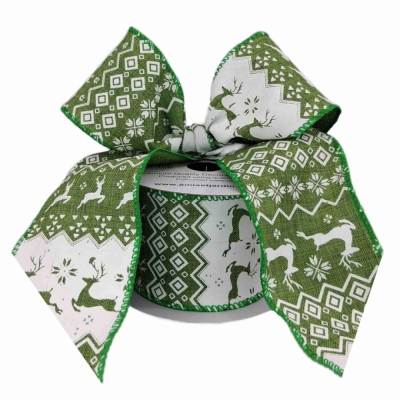 Stuha jutová s drátkem zelená vánoční jelen 9.1 m