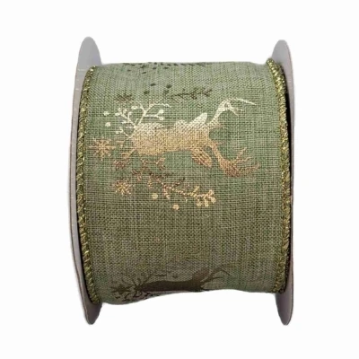 Stuha jutová s drátkem zelená vánoční jelen 9.1 m