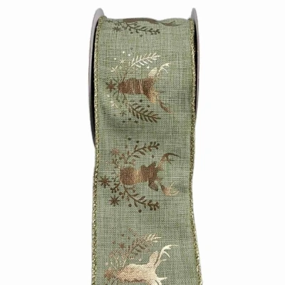 Stuha jutová s drátkem zelená vánoční jelen 9.1 m