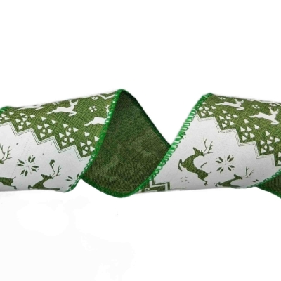 Stuha jutová s drátkem zelená vánoční jelen 9.1 m