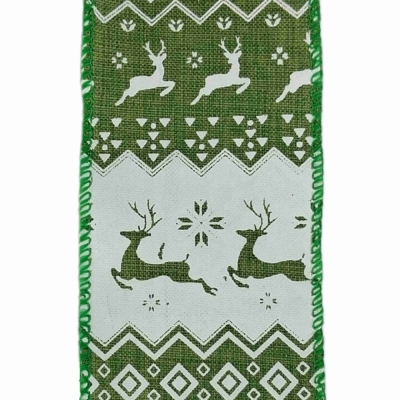 Stuha jutová s drátkem zelená vánoční jelen 9.1 m