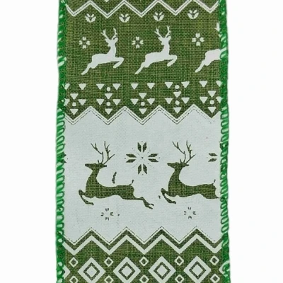 Stuha jutová s drátkem zelená vánoční jelen 9.1 m