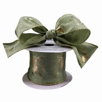 Stuha jutová s drátkem zelená vánoční jelen 9.1 m