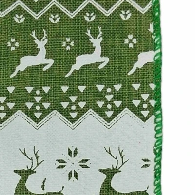Stuha jutová s drátkem zelená vánoční jelen 9.1 m