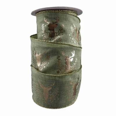 Stuha jutová s drátkem zelená vánoční jelen 9.1 m