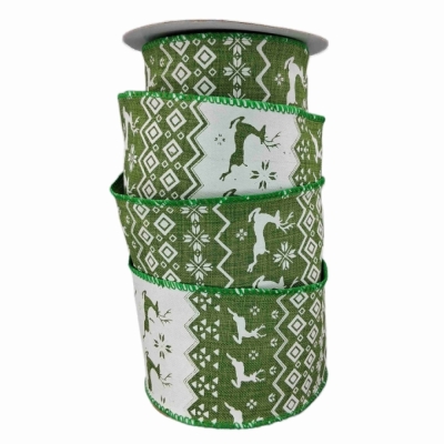 Stuha jutová s drátkem zelená vánoční jelen 9.1 m