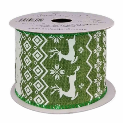 Stuha jutová s drátkem zelená vánoční jelen 9.1 m