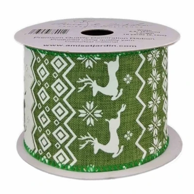 Stuha jutová s drátkem zelená vánoční jelen 9.1 m