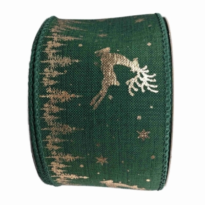 Stuha jutová s drátkem zelená vánoční jelen 9.1 m