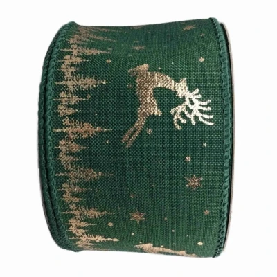 Stuha jutová s drátkem zelená vánoční jelen 9.1 m