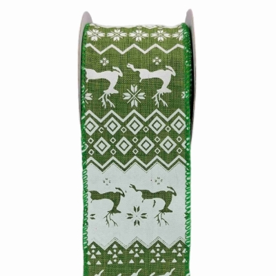 Stuha jutová s drátkem zelená vánoční jelen 9.1 m