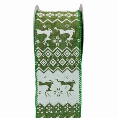 Stuha jutová s drátkem zelená vánoční jelen 9.1 m