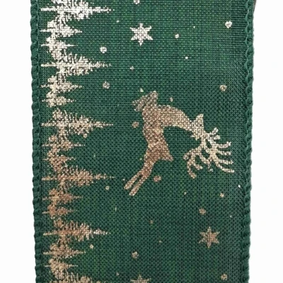 Stuha jutová s drátkem zelená vánoční jelen 9.1 m