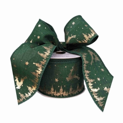 Stuha jutová s drátkem zelená vánoční jelen 9.1 m