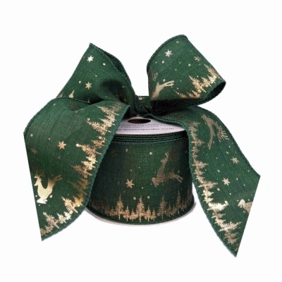 Stuha jutová s drátkem zelená vánoční jelen 9.1 m