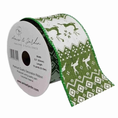 Stuha jutová s drátkem zelená vánoční jelen 9.1 m