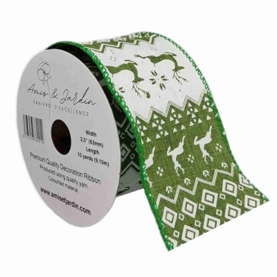 Stuha jutová s drátkem zelená vánoční jelen 9.1 m