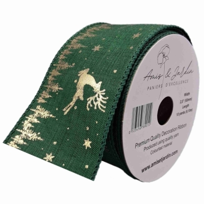 Stuha jutová s drátkem zelená vánoční jelen 9.1 m