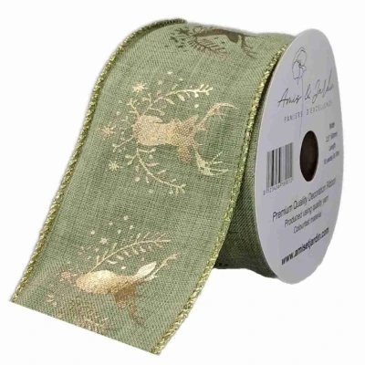 Stuha jutová s drátkem zelená vánoční jelen 9.1 m