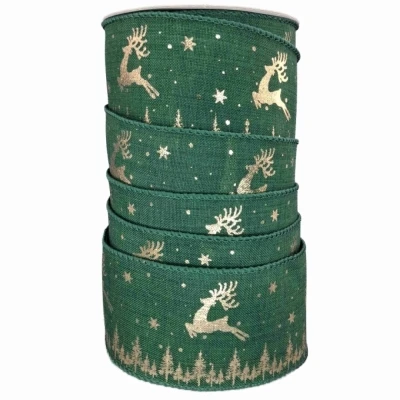 Stuha jutová s drátkem zelená vánoční jelen 9.1 m