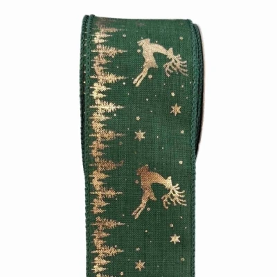 Stuha jutová s drátkem zelená vánoční jelen 9.1 m
