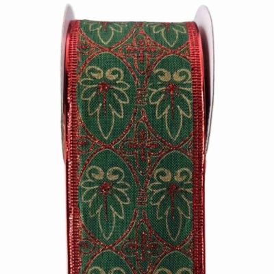 Stuha jutová s drátkem zelená vánoční listy 9.1 m