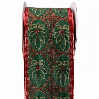 Stuha jutová s drátkem zelená vánoční listy 9.1 m