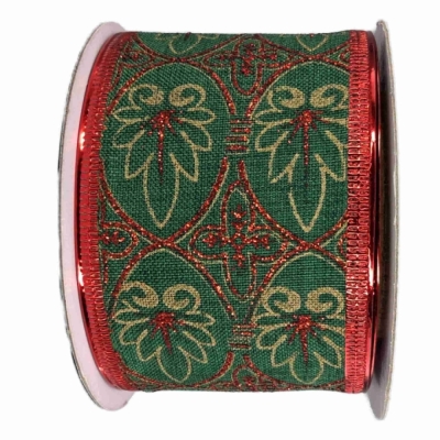 Stuha jutová s drátkem zelená vánoční listy 9.1 m