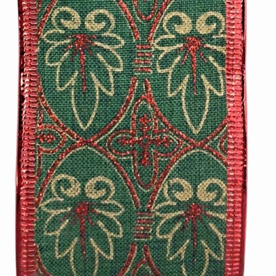 Stuha jutová s drátkem zelená vánoční listy 9.1 m