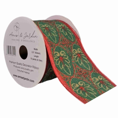 Stuha jutová s drátkem zelená vánoční listy 9.1 m