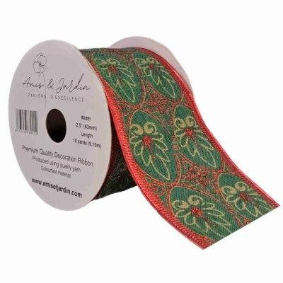 Stuha jutová s drátkem zelená vánoční listy 9.1 m