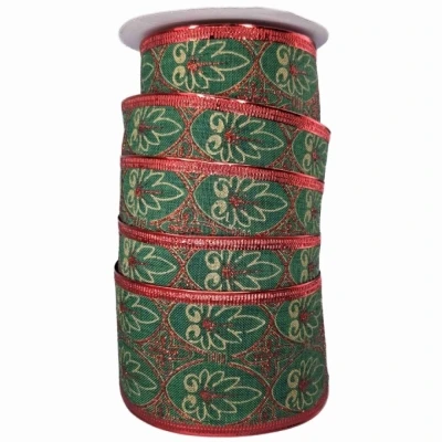 Stuha jutová s drátkem zelená vánoční listy 9.1 m