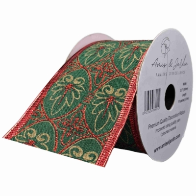 Stuha jutová s drátkem zelená vánoční listy 9.1 m