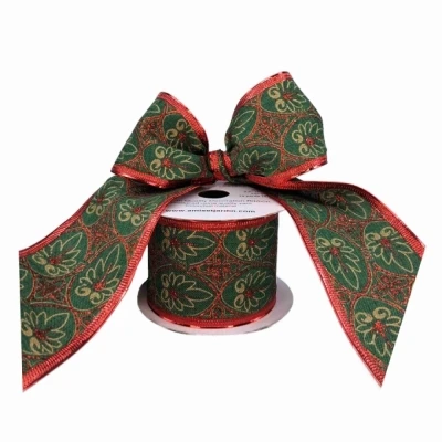 Stuha jutová s drátkem zelená vánoční listy 9.1 m