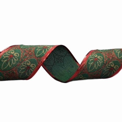 Stuha jutová s drátkem zelená vánoční listy 9.1 m