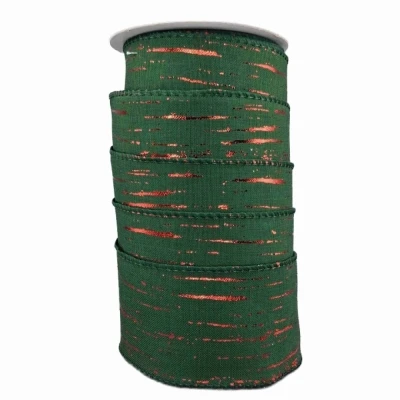 Stuha jutová s drátkem zelená vánoční pruhy 9.1 m