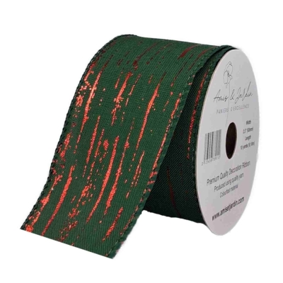 Stuha jutová s drátkem zelená vánoční pruhy 9.1 m