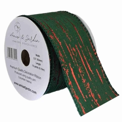 Stuha jutová s drátkem zelená vánoční pruhy 9.1 m