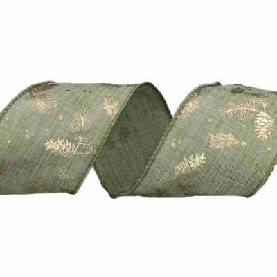 Stuha jutová s drátkem zelená vánoční šišky 9.1 m