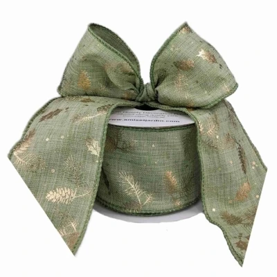 Stuha jutová s drátkem zelená vánoční šišky 9.1 m