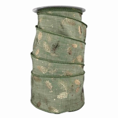 Stuha jutová s drátkem zelená vánoční šišky 9.1 m