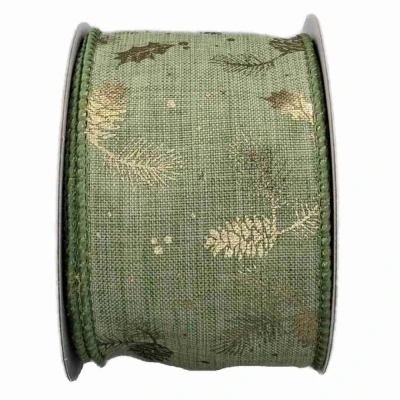 Stuha jutová s drátkem zelená vánoční šišky 9.1 m