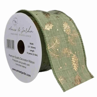 Stuha jutová s drátkem zelená vánoční šišky 9.1 m