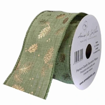 Stuha jutová s drátkem zelená vánoční šišky 9.1 m