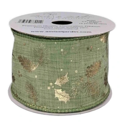 Stuha jutová s drátkem zelená vánoční šišky 9.1 m