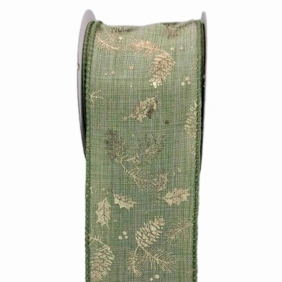 Stuha jutová s drátkem zelená vánoční šišky 9.1 m