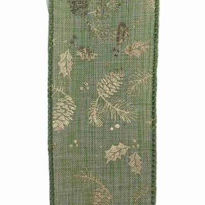 Stuha jutová s drátkem zelená vánoční šišky 9.1 m