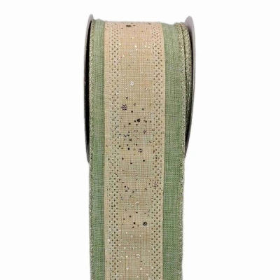 Stuha jutová s drátkem zelená vánoční tečky 9.1 m