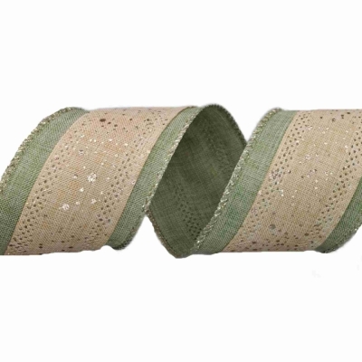 Stuha jutová s drátkem zelená vánoční tečky 9.1 m